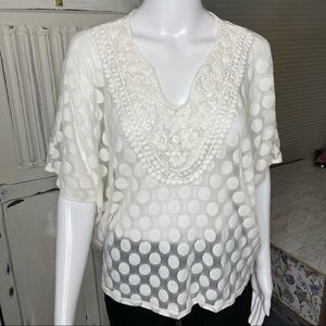 Alfani Off White Sheer Embroidered Neckline Pullover Blouse Top Size PM